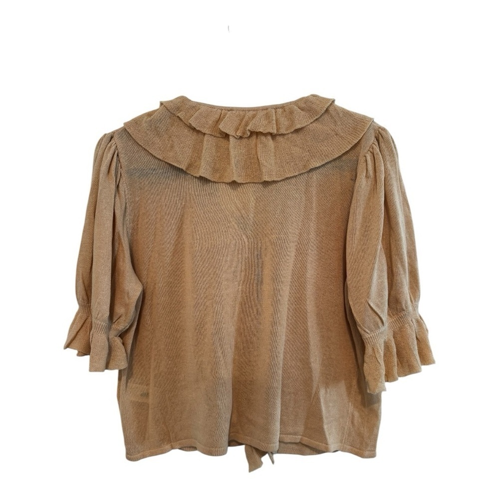 Zara Ruffle Knit Blouse size M NWT Beige Puff Sleeve Romantic Cottagecore - Picture 6 of 6